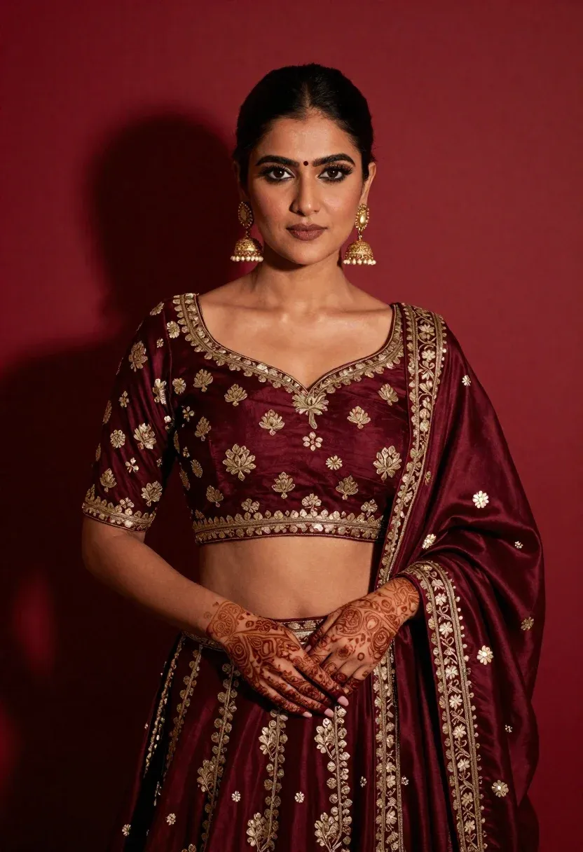 Confident Woman Stands Against Solid Deep Red Background Wearing Ornate