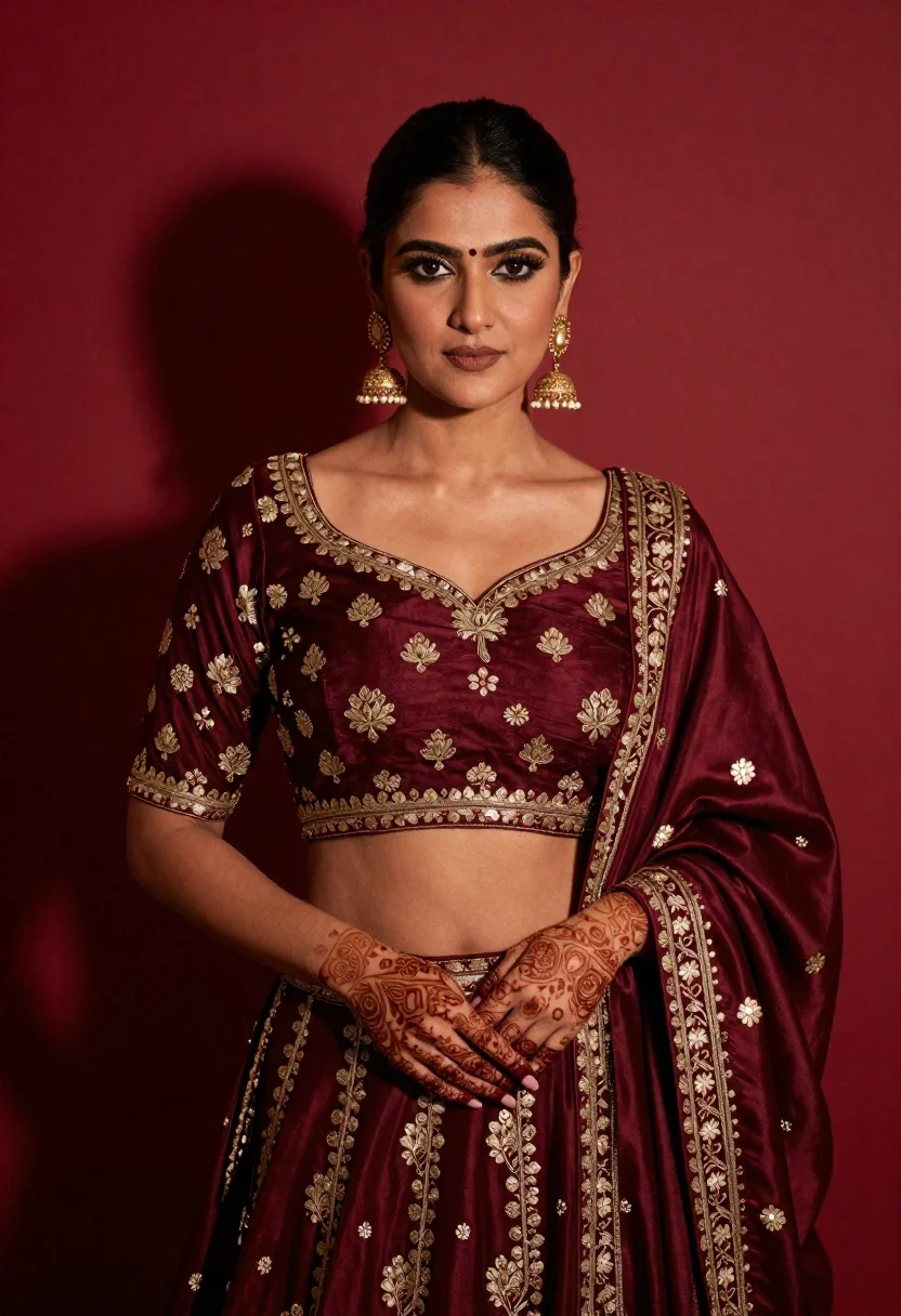 Confident Woman Stands Against Solid Deep Red Background Wearing Ornate reference photo