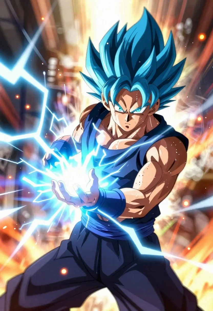 High-energy Anime Portrait Male Warrior Mid-action Against Explosive Energy Field reference photo
