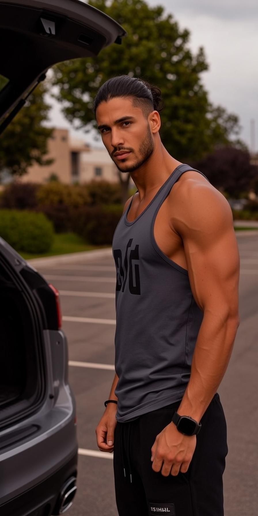 Muscular Dark Pulled Back Bun Shaved Sides