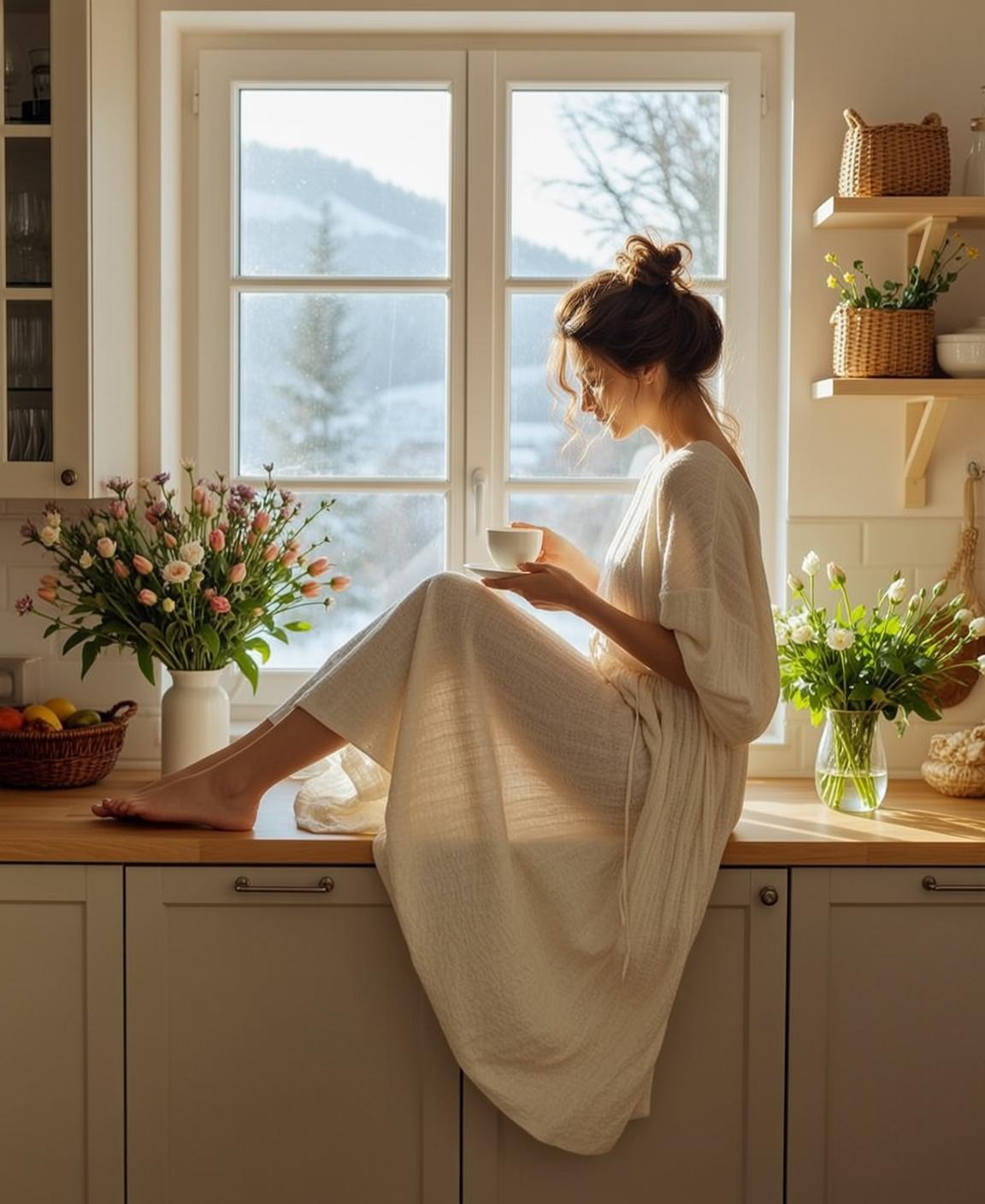 Cottagecore Seated Kitchen Counter Her Body Angled