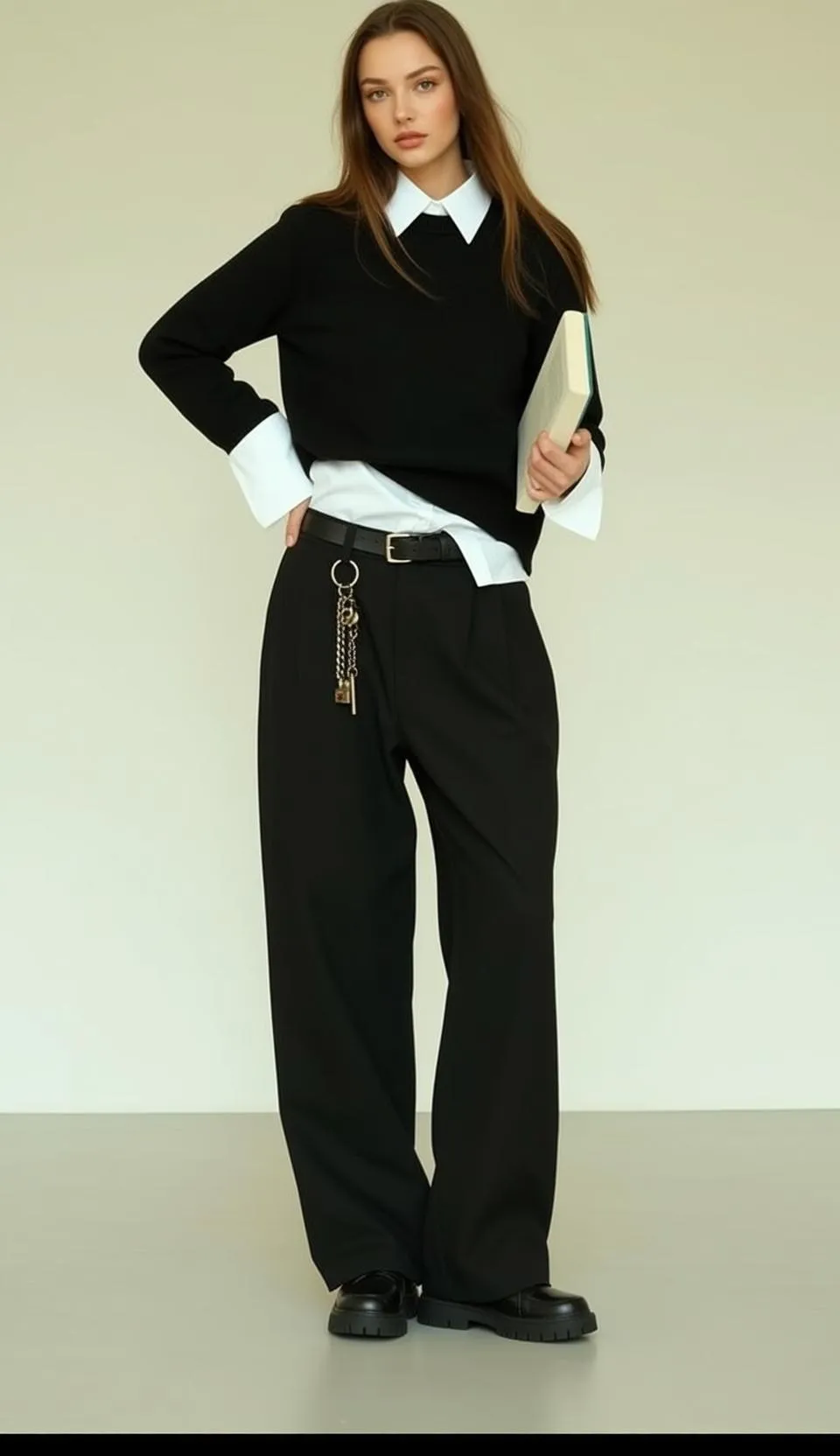 Black Sweater Wavy Hair Studio Standing