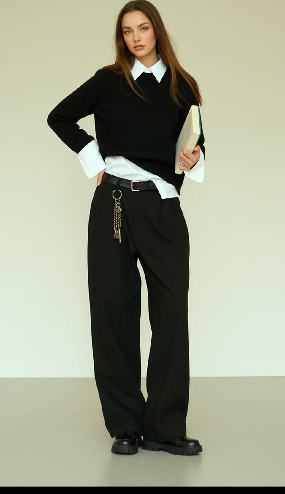 Black Sweater Wavy Hair Studio Standing
