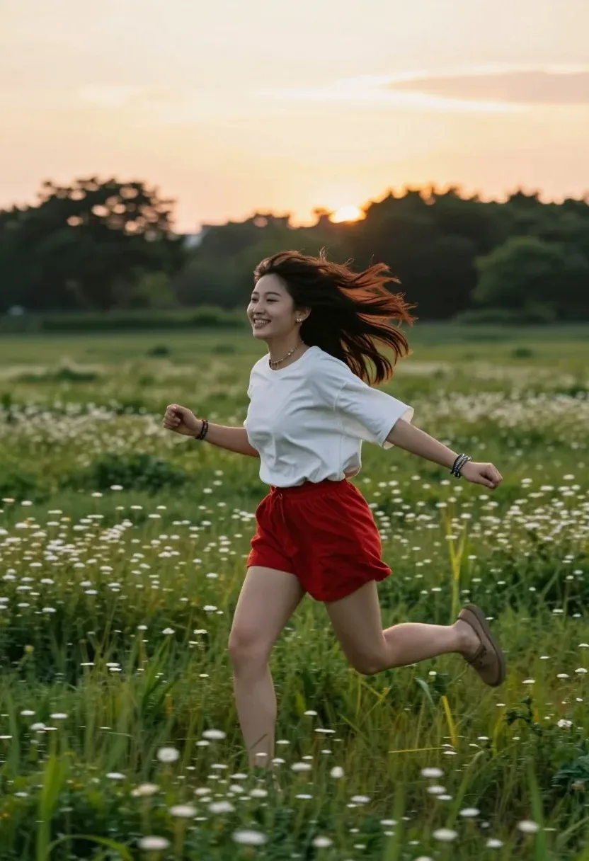 Young Woman Running Joyfully Through Grassy Field Sunset Subject Smiling