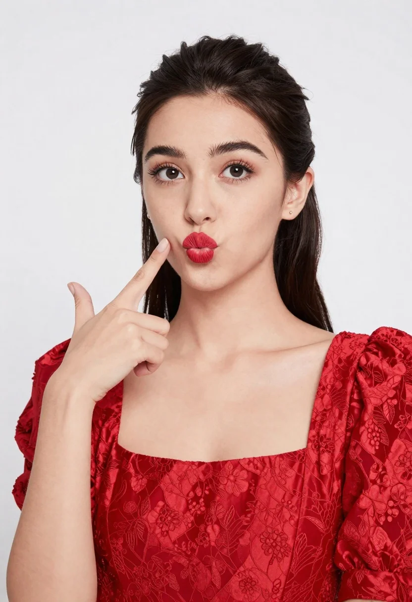 Woman With Dark Hair Pulled Back Into Ponytail Poses Playfully reference photo