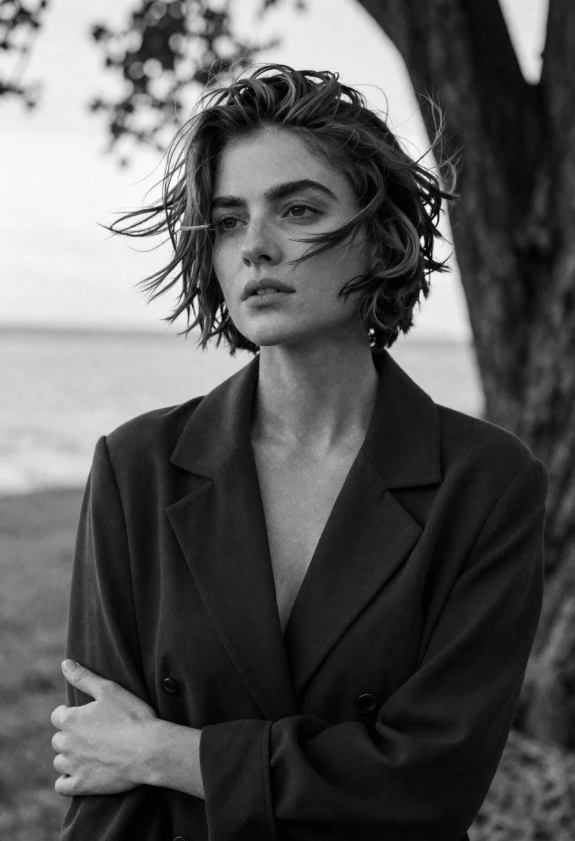 Black And White Portrait Woman With Short Windswept Hair Looking reference photo