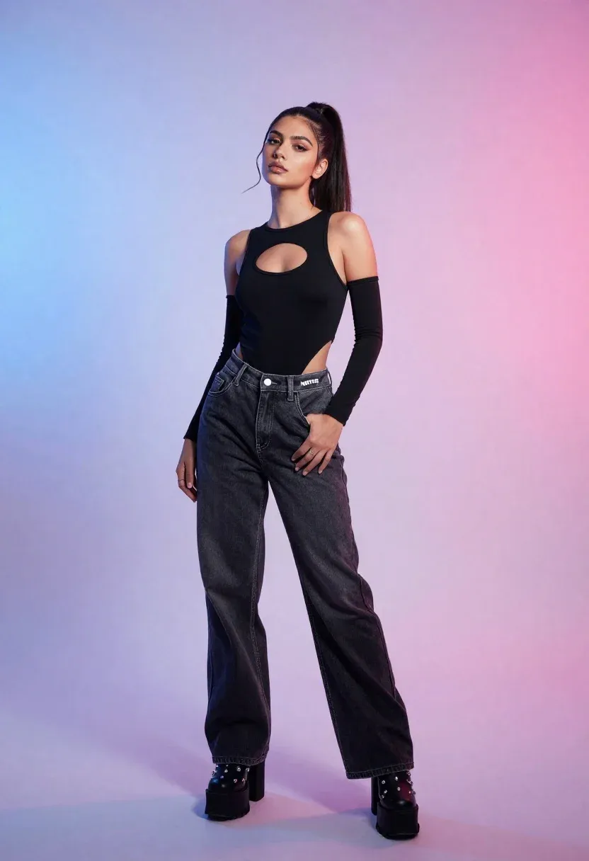 Full-body Shot Confident Woman Posing Against Vibrant Gradient Background Subject