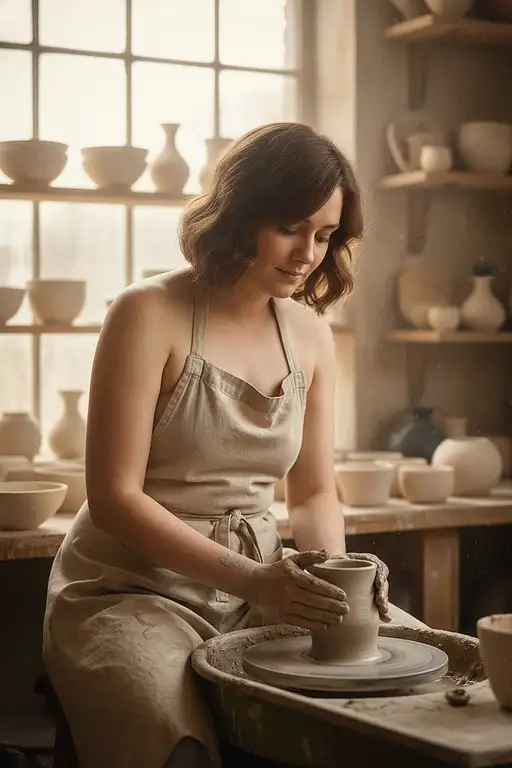 A serene woman in a pottery workshop, focused on shaping clay, wearing a light apron, with natural light creating a soft glow.