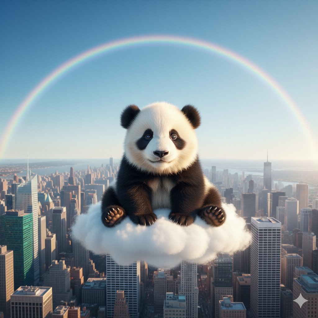 A majestic animal with a fluffy coat sitting on a soft cloud above a sprawling city, vibrant colors and dramatic shadows.