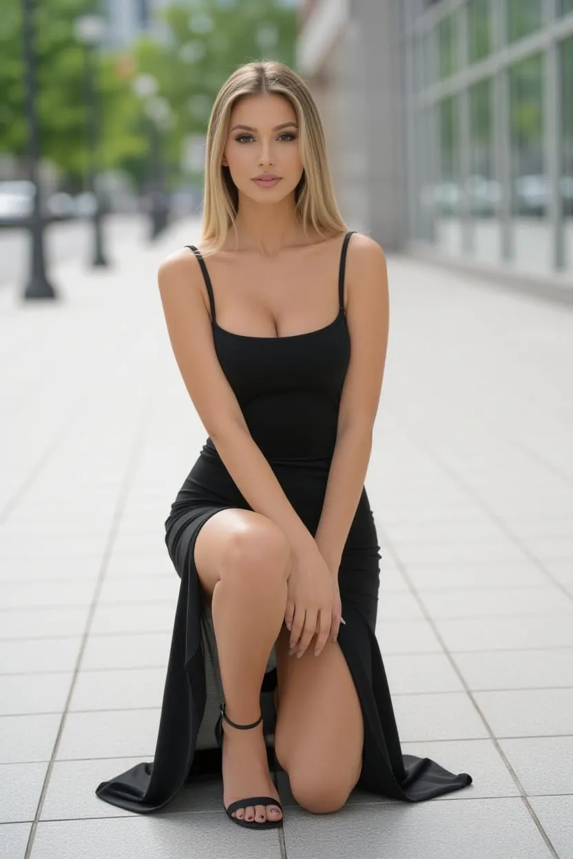 Kneeling In Black Maxi Dress On Tiled Walkway