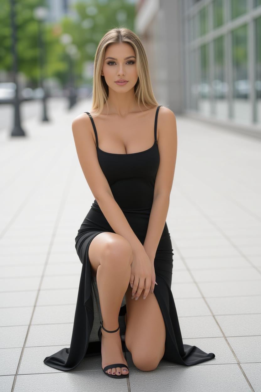 Kneeling In Black Maxi Dress On Tiled Walkway