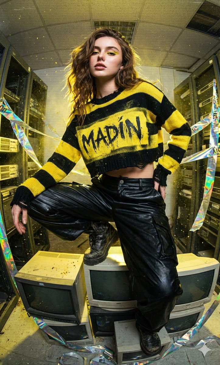 A model on CRT monitors in an abandoned room, wearing a distressed sweater and vinyl cargo pants with yellow graphic makeup.