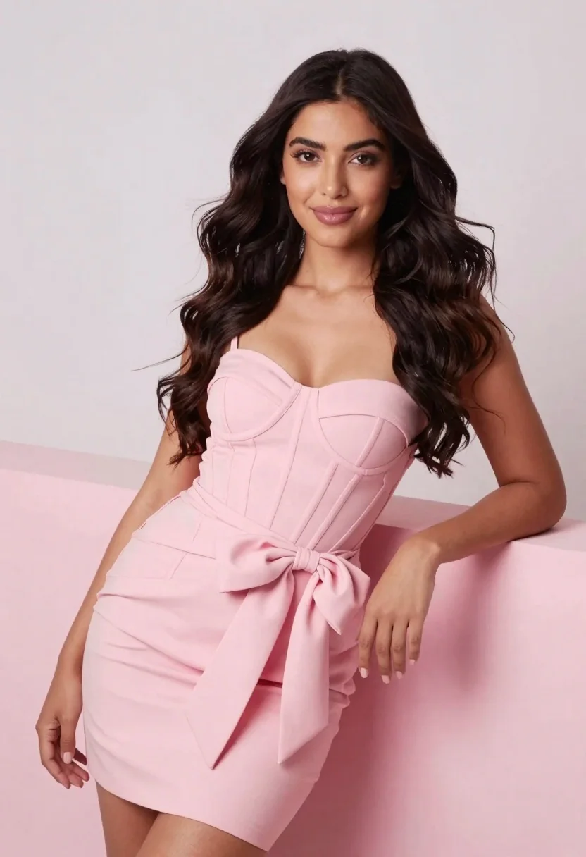 Confident Woman With Long Wavy Dark Hair Posing Against Soft reference photo