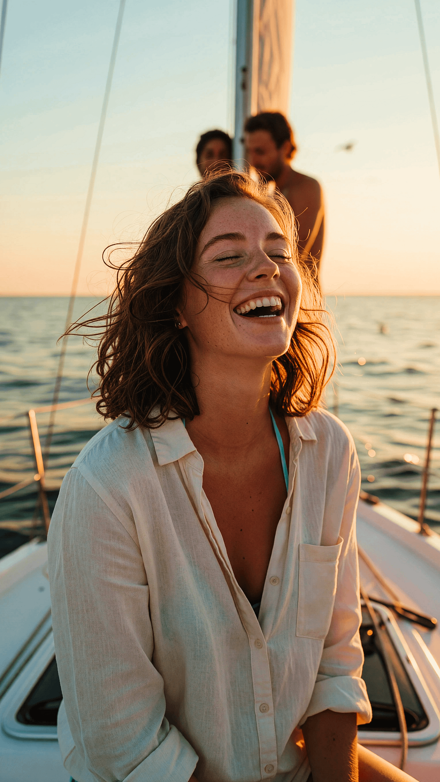 Is Seated Low On Deck Sailboat During Golden Hour Leaning