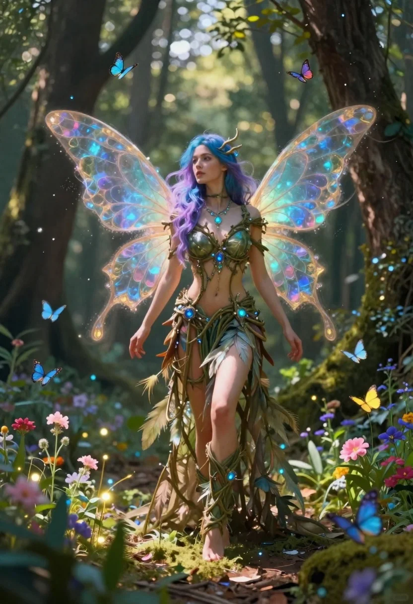 Magical Fantasy Full-body Portrait Fairy-like Woman With Blue-purple Hair Translucent reference photo