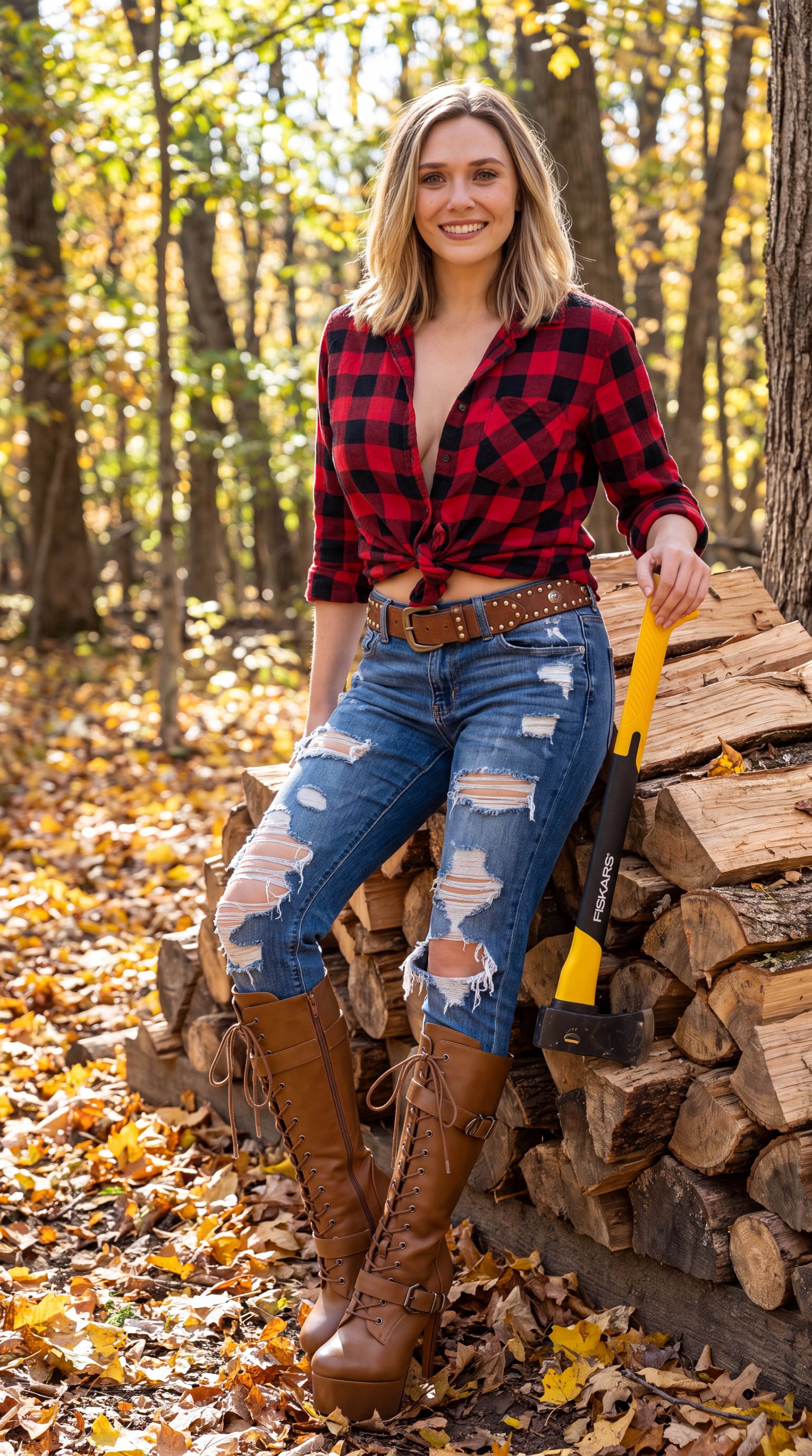 Full-body portrait in autumn forest wearing plaid shirt and holding an axe