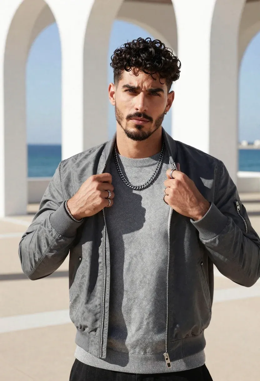 Confident Young Man With Dark Curly Hair And Short Beard