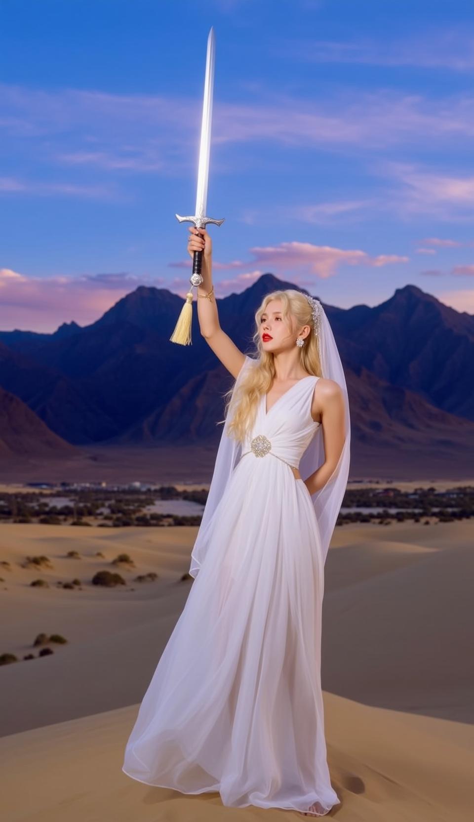 Desert Warrior Woman Blonde Hair White Dress Sword
