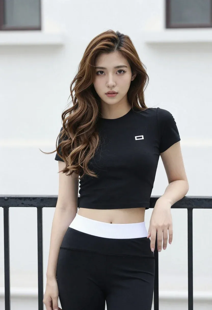 Confident Young Woman With Long Wavy Brown Hair Stands Leaning