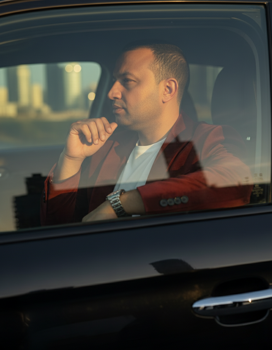 Side profile portrait of a man in a maroon blazer and white tee, resting his elbow on the car door, with soft city reflections on glass, bathed in golden daylight.