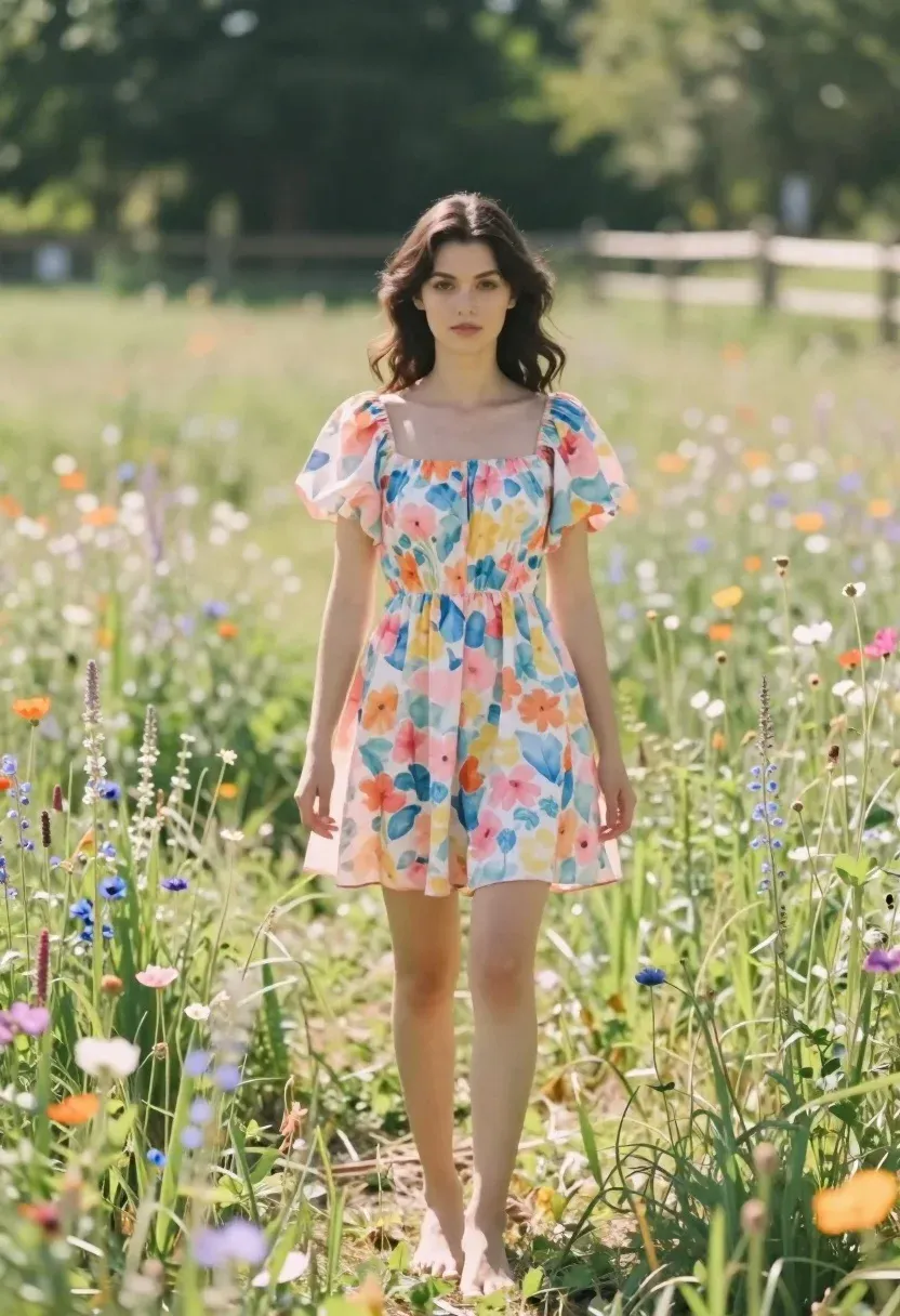 Young Woman Stands Barefoot Sun-drenched Field Tall Grass And Wildflowers
