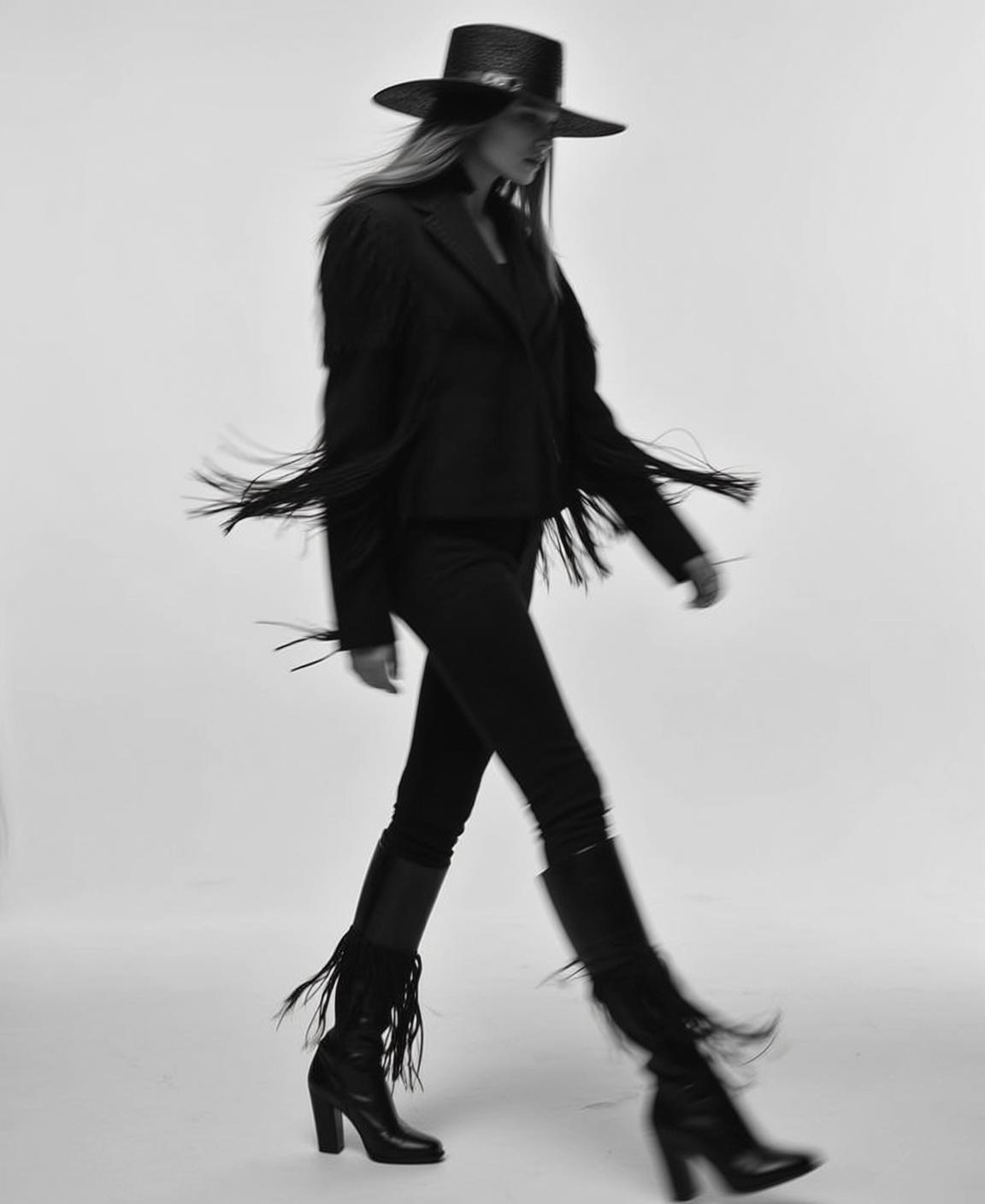 Full-body Black And White Medium Shot Photograph Shows Woman Walking