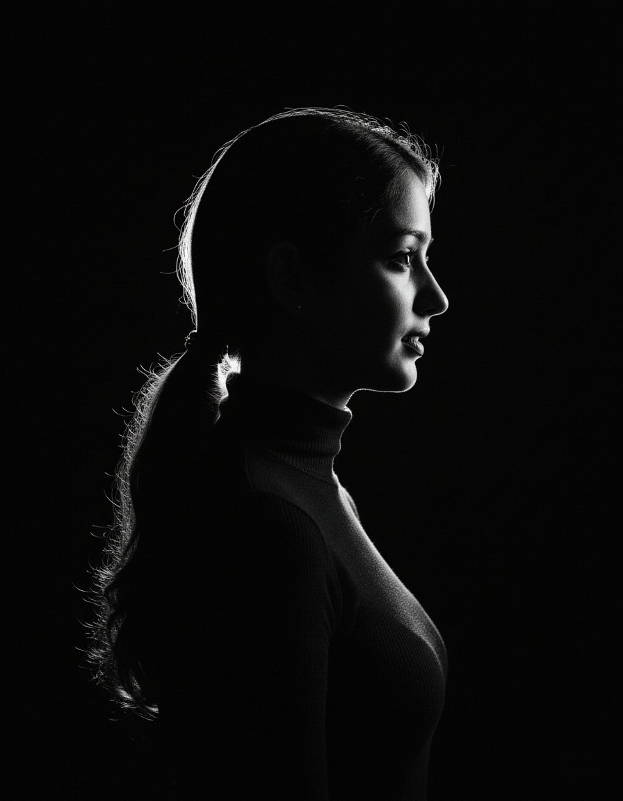 A high-contrast black-and-white portrait of a person emerging from darkness, showcasing a strong profile with luminous edges.