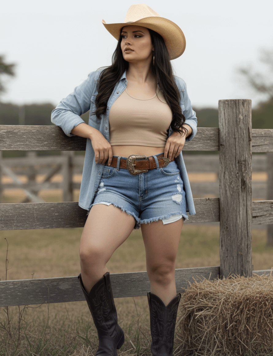 Cowboy Hat Denim Shorts Leaning On Fence Soft Lighting