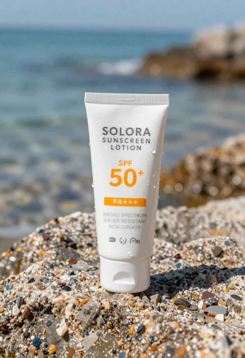 A white tube of sunscreen lotion on a textured sunlit rock with water droplets.