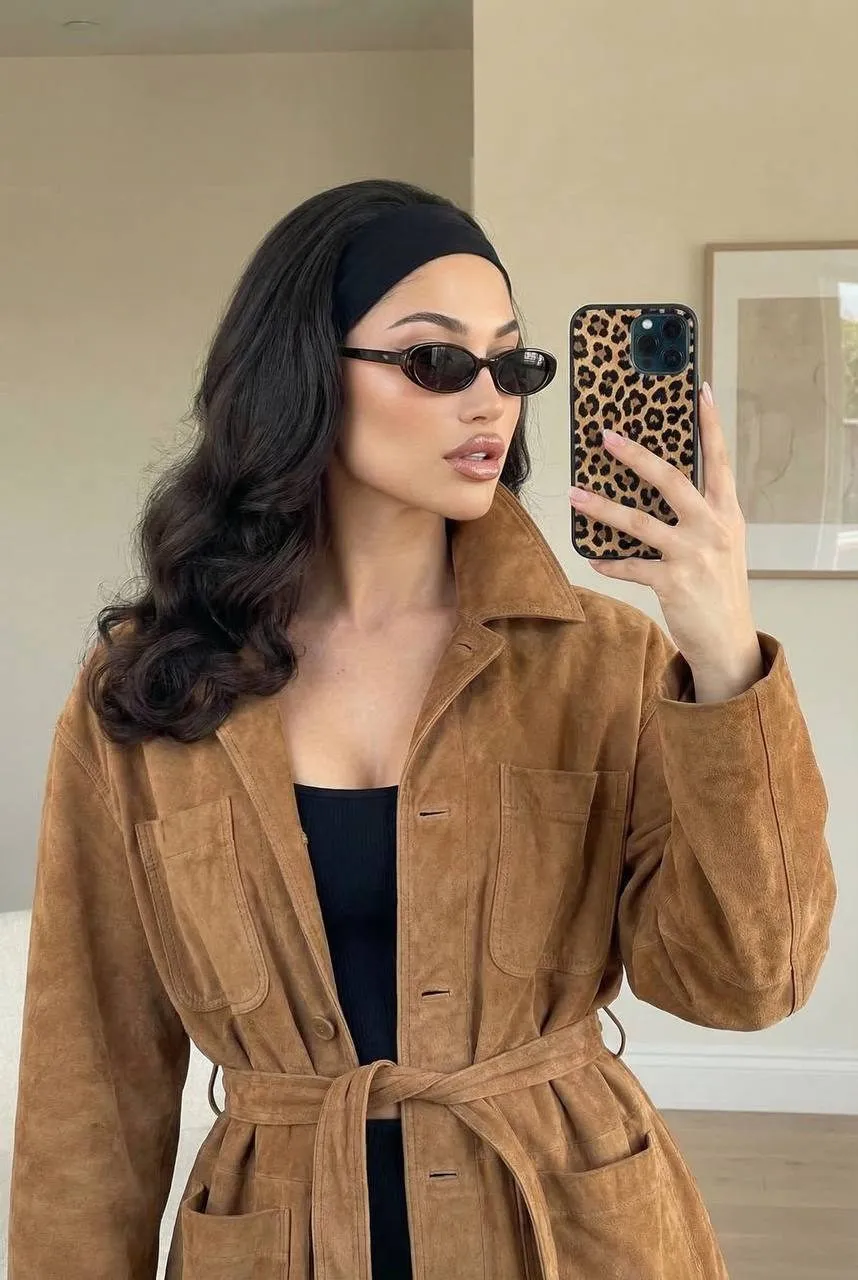 Realistic Woman Mirror Selfie Camel Jacket