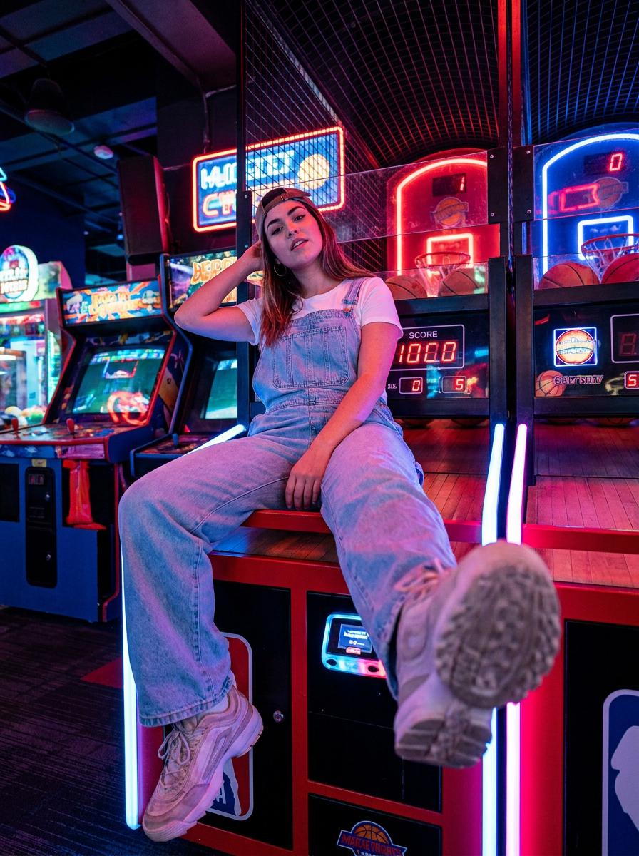 Neon Arcade Fashion Portrait Sitting On Cabinet
