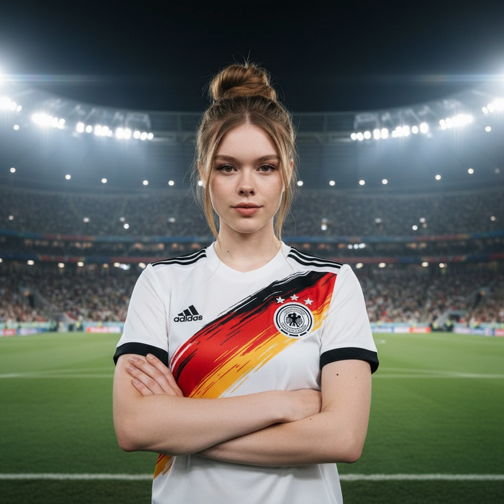 Photorealistic soccer stadium portrait preview with the reviewed outfit, pose, setting, lighting, and camera framing.
