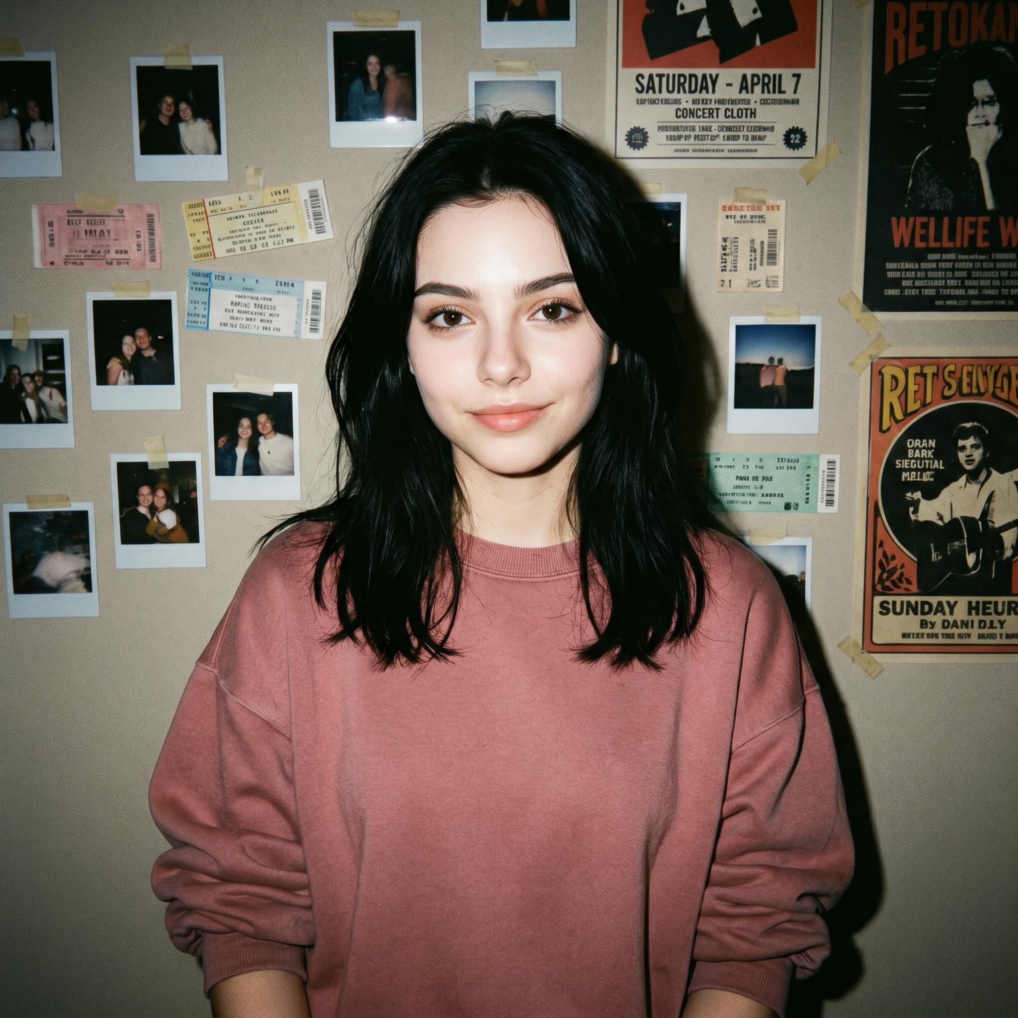 A woman in a dusty rose sweatshirt stands in front of a cluttered polaroid wall, showcasing her relaxed expression and soft features.
