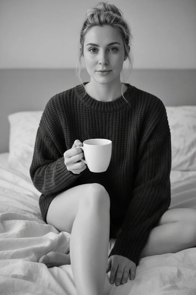 Cozy Knit Sweater Woman Holds Mug On Bed