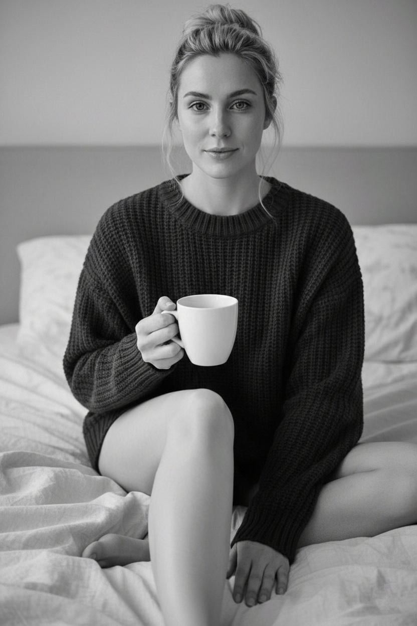 Cozy Knit Sweater Woman Holds Mug On Bed
