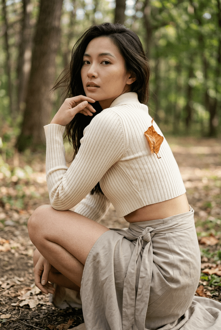 Wooded Park Clearing Fashion Portrait Soft Daylight