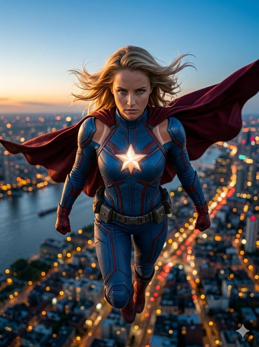 Flying Above City At Sunset Superhero Action