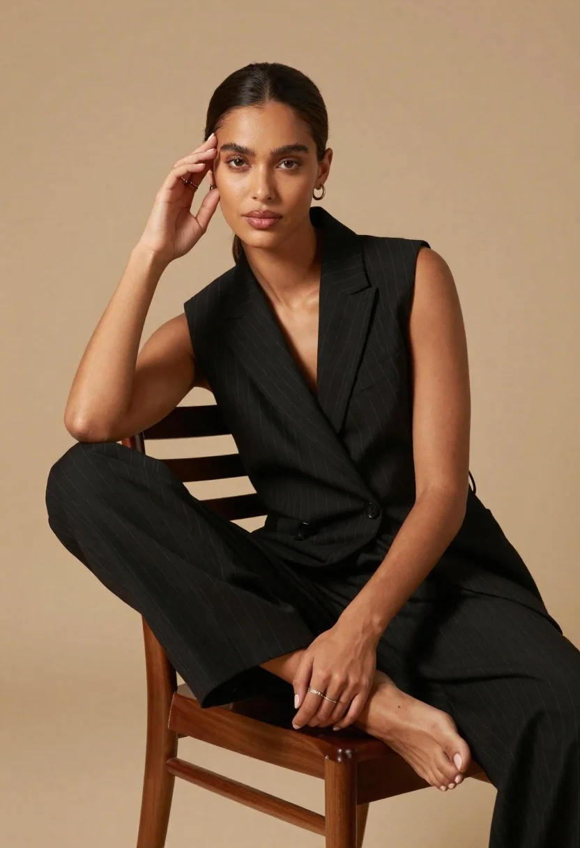Confident Woman With Dark Hair Pulled Back Sits Wooden Chair reference photo