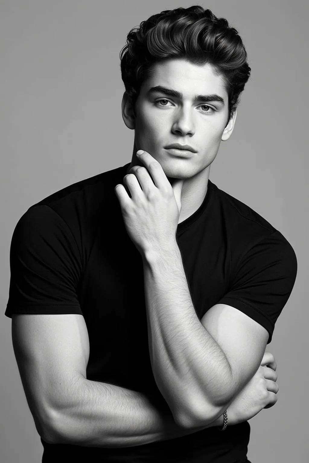 Medium Shot Portrait Young Man With Dark Voluminous Styled Hair