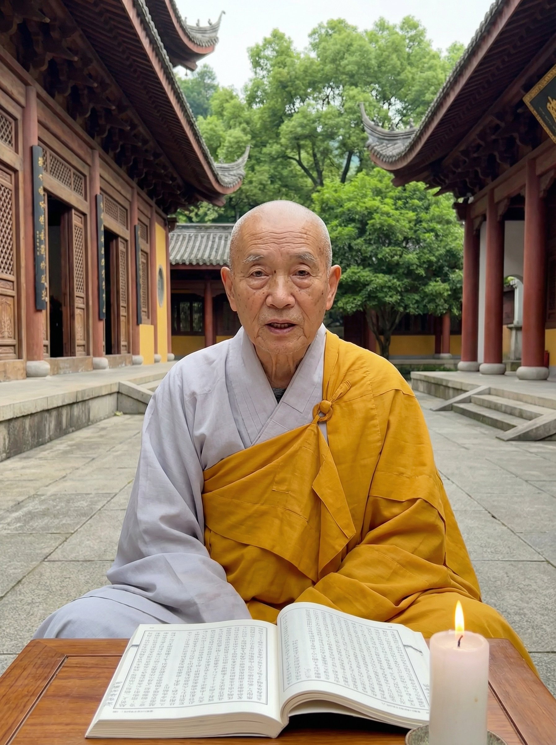 Elderly monk seated cross-legged in a serene courtyard, delivering life advice near an open scripture and a lit candle.