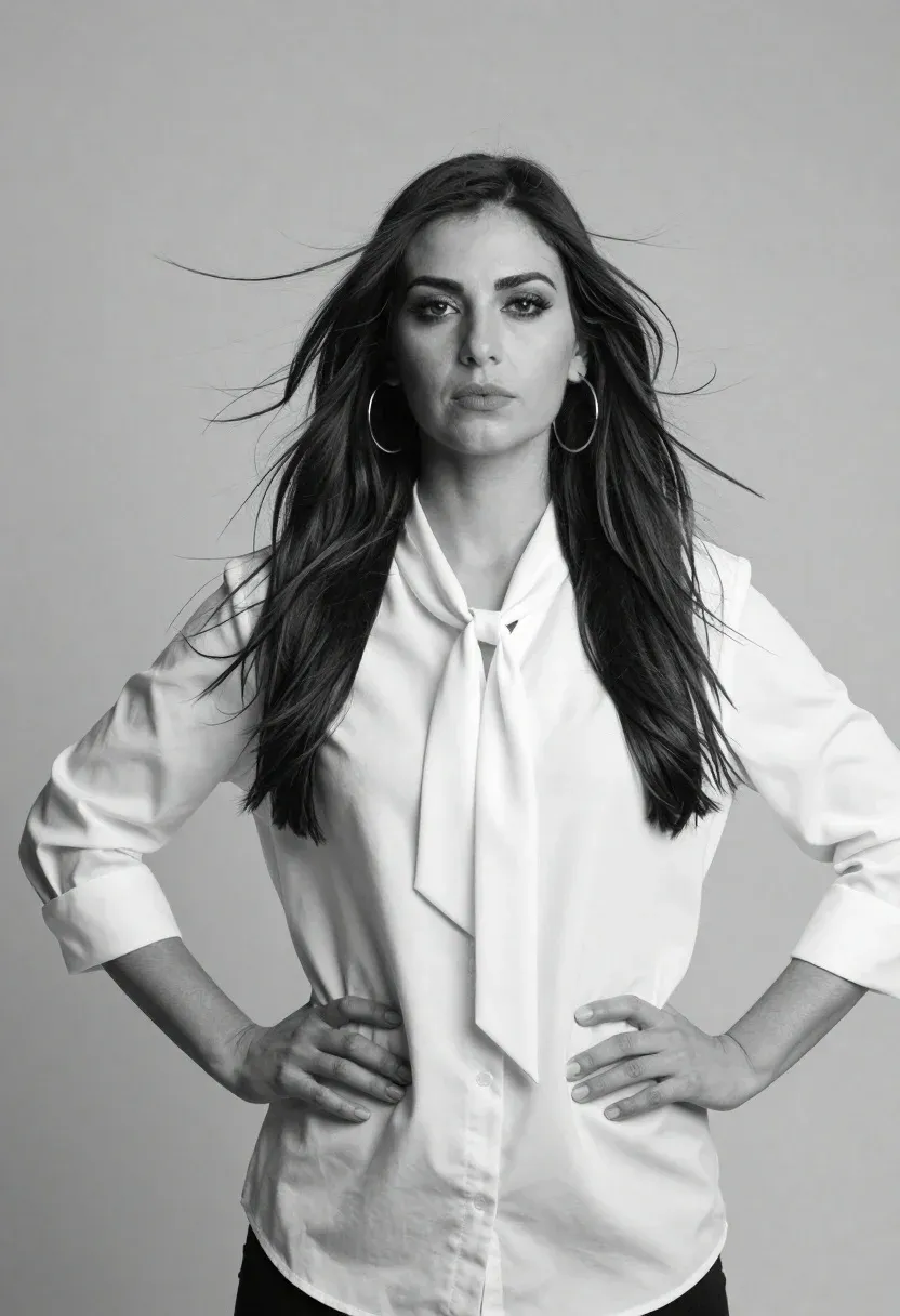 Confident Woman Stands With Her Hands Her Hips Against Plain