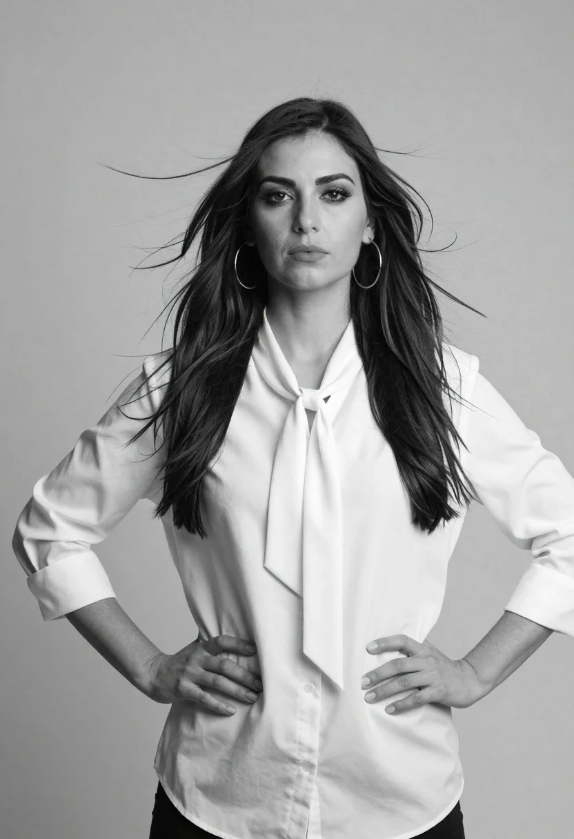 Confident Woman Stands With Her Hands Her Hips Against Plain reference photo
