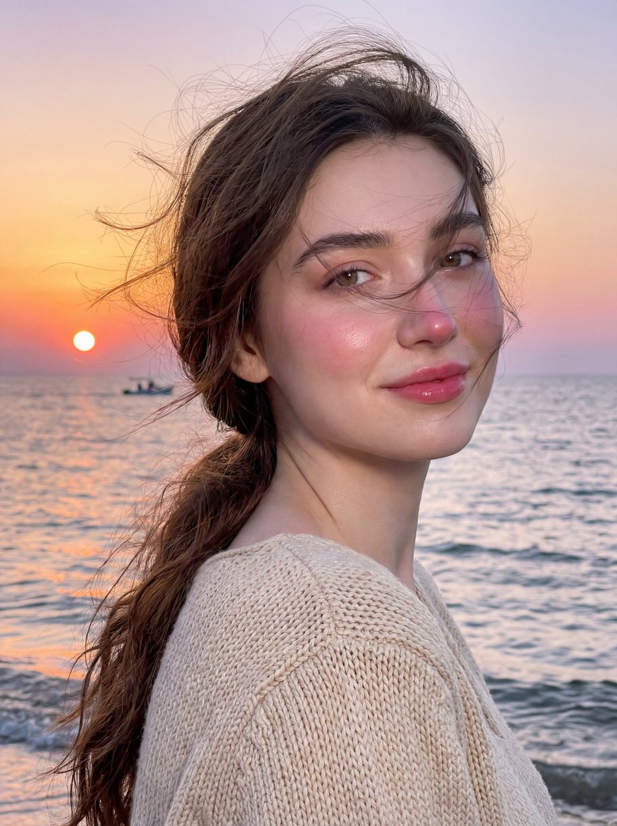 Close-up profile shot of a young woman with radiant skin and a soft smile, standing by the seaside at sunset.