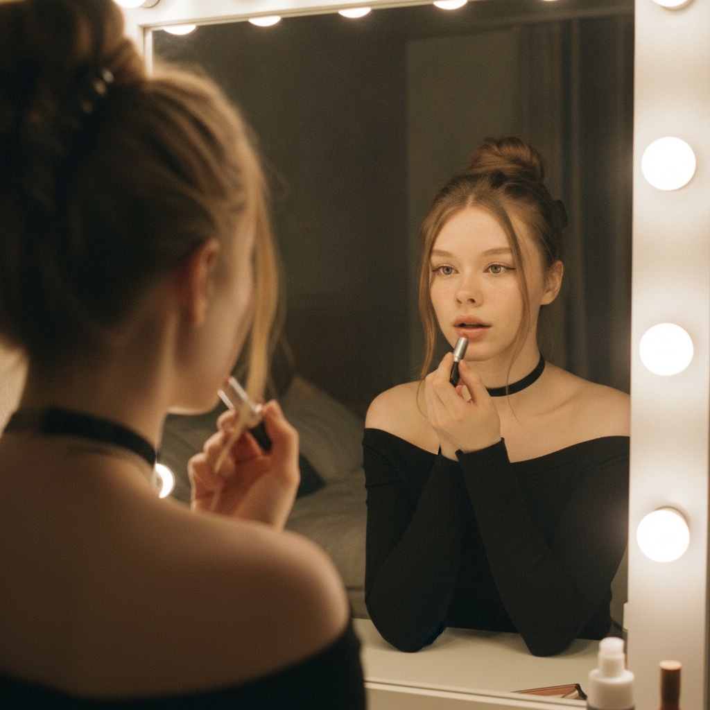 A styled individual applying lipstick in a Hollywood vanity mirror, bright circular bulbs illuminating their soft features.