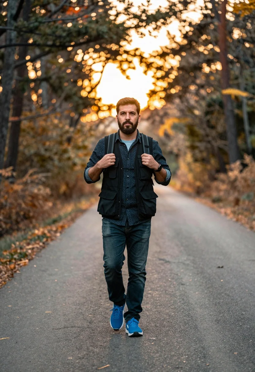 A man walks along a paved road in a forest, bathed in warm golden sunlight filtering through the trees.