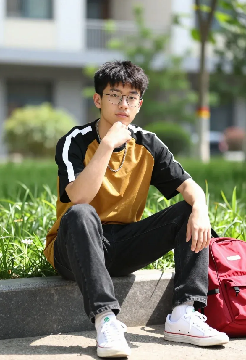 Young Man Sits Casually Low Concrete Wall Outdoor Setting With