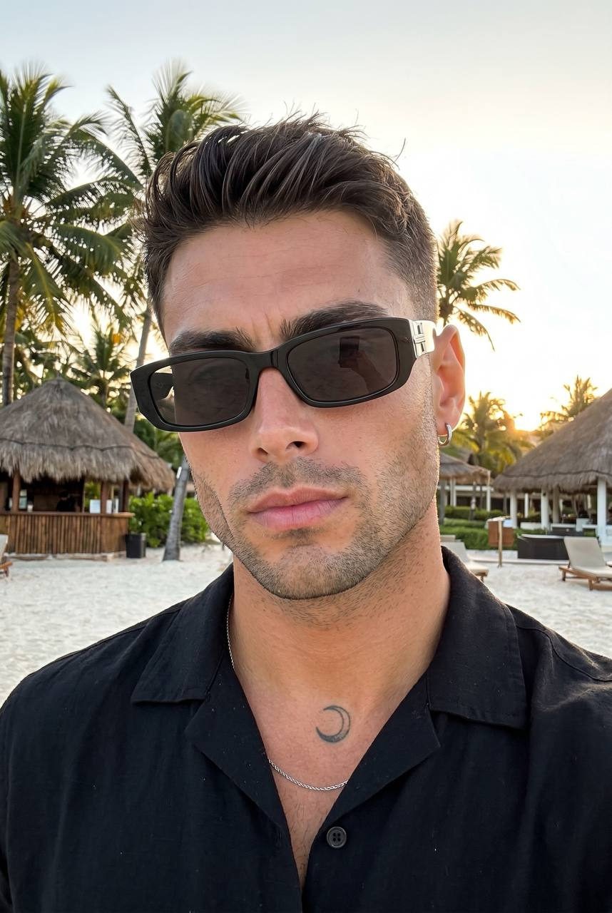 Tropical Beach Selfie With Sunglasses And Open Shirt