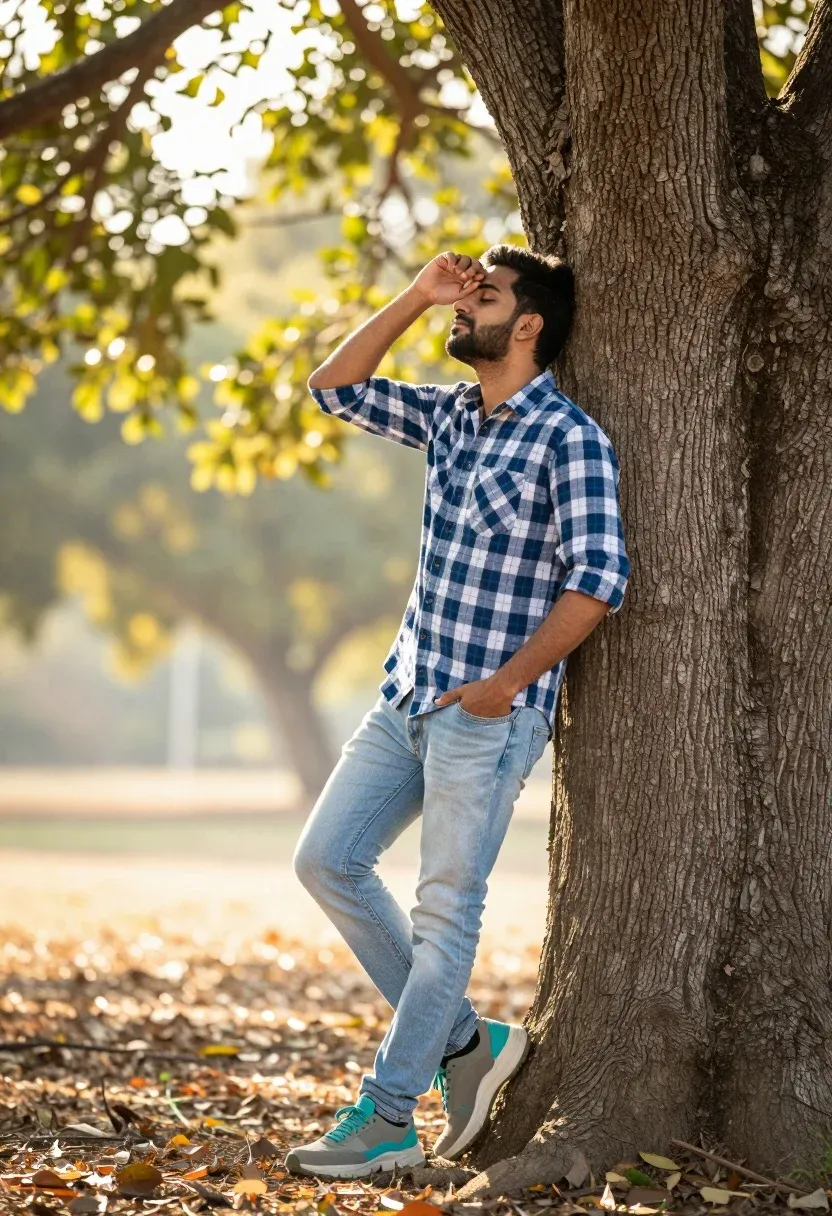 Full-body Shot Man Leaning Casually Against Large Tree Trunk Outdoor