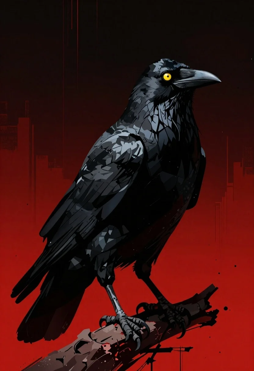 Digital Illustration Menacing Black Crow Perched Against Stark Red And reference photo