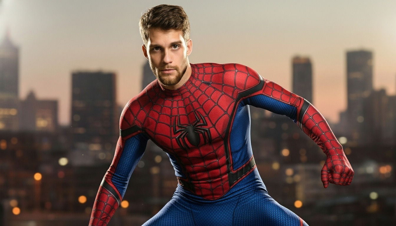 A dramatic full-body portrait of a person in a SpiderMan costume, showcasing dynamic movement against a fiery background.
